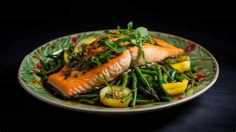 foto van een bord gebakken zalm met groenten en aardappelpuree