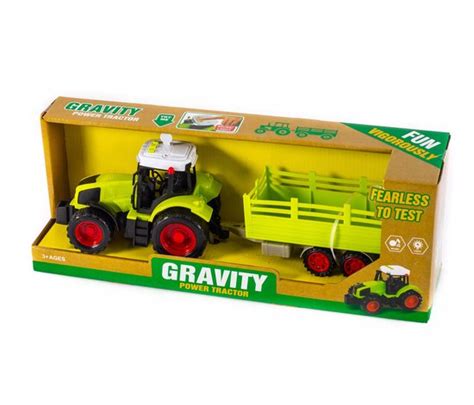 Een close-up van een 14 cm grote, veelkleurige kunststof speelgoedtractor met laadbak.