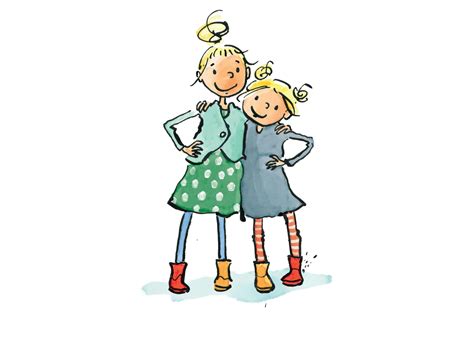 Illustratie van twee zusjes die elkaar vasthouden, omringd door bloemen.