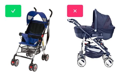 Vergelijking tussen een opvouwbare paraplubuggy die tot aan de gate mag en een kinderwagen die bij de check-in balie wordt ingenomen.