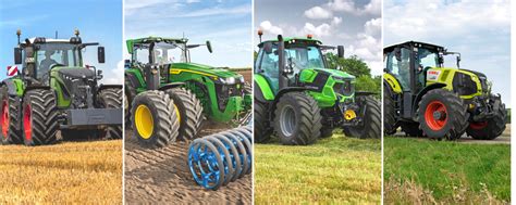 Illustratie van diverse traptrekkers met bekende merknamen zoals John Deere, Claas, New Holland en Fendt.