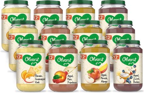 Een afbeelding die de verschillende fruitpotjes uit het Olvarit 8+M Fruit Variatiemenu toont, gericht op baby's vanaf acht maanden.