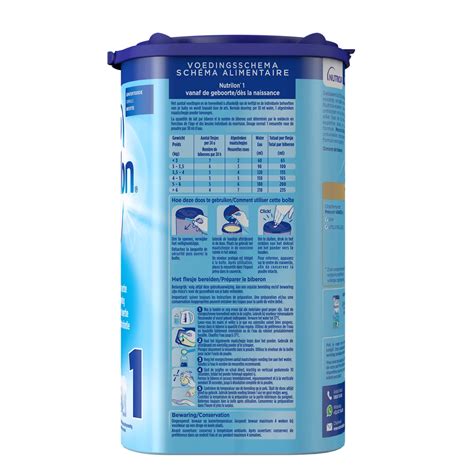 Overzicht van de voedingswaarde per 100 ml van Nutrilon DuoBalans 1, met gedetailleerde informatie over energie, vetten, koolhydraten, eiwitten, vitaminen en mineralen.