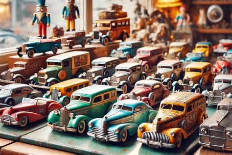 Illustratie van verschillende vintage blikken Cadillac speelgoedauto's uit Japan.