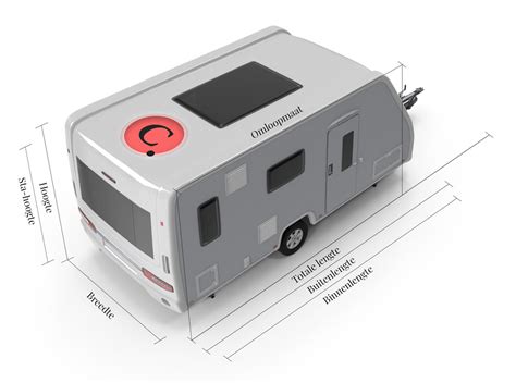 Infographic die de verschillende afmetingen van caravans toont (opbouw lengte, totale lengte, breedte) en de bijbehorende capaciteit voor personen.