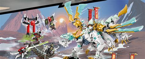 Een diverse collectie LEGO Ninjago draken en mecha's.