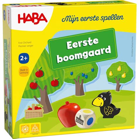 Illustratie van het HABA Eerste Boomgaard spel met fruit en de raaf.