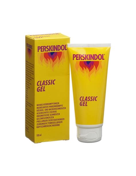 Illustratie van een tube Perskindol Active Classic Gel met de belangrijkste toepassingsgebieden gemarkeerd