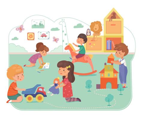 Illustratie van een kinderopvang met vrolijke kinderen en begeleiders