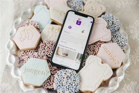 Illustratie van de Nieuw Leven app op een smartphone met zwangerschapsgerelateerde iconen