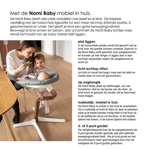 Infographic die de verschillende modules van de Nomi kinderstoel toont (Newborn set, Mini, reguliere stoel).