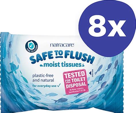 Illustratie van het Natracare Safe to Flush babydoekje dat veilig door het toilet wordt gespoeld.