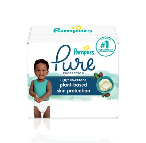 Overzicht van de verschillende maten Pampers Pure Protection met bijbehorende gewichtsgrenzen en leuke prints