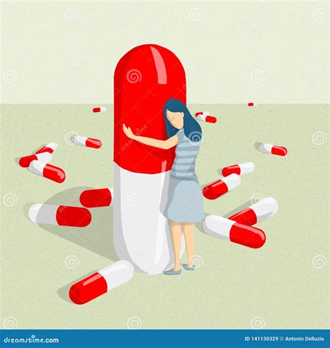 Illustratie van een vrouw die een pil of druppel inneemt, met een weegschaal op de achtergrond.