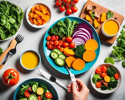 Illustratie van een gezonde maaltijd met groenten, fruit en een dieetshake.