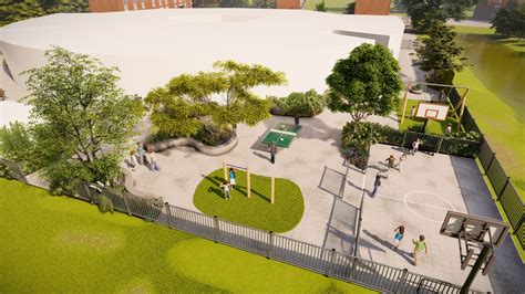 Illustratie van een modern, kindvriendelijk schoolgebouw met groen schoolplein