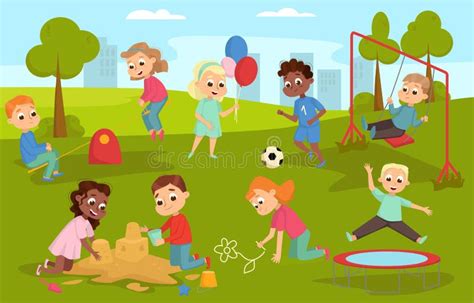 Illustratie van kinderen die actief spelen op verschillende speeltoestellen in een tuin.