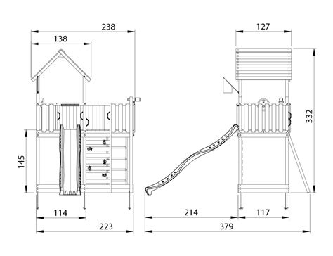 Schema met afmetingen van de houten onderdelen van een Jungle Gym speeltoestel.