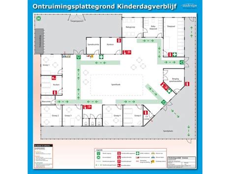 Plattegrond van het medisch kinderdagverblijf, met aanduiding van groepsruimtes, slaapkamers en centrale hal