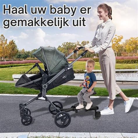 Illustratie van een veilige kinderwagen met verstelbaar zitje en schokabsorberende wielen