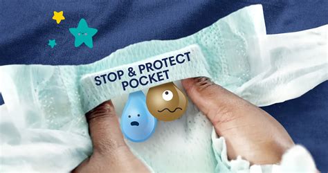 Gedetailleerde afbeelding van de Pampers Stop & Protect Pocket, met uitleg over de werking.