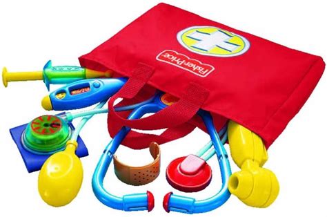 Illustratie van de Fisher-Price Doktersset met stethoscoop, thermometer en otoscoop