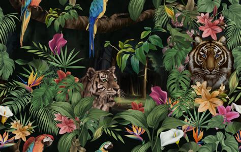Illustratie van diverse jungle dieren zoals apen, tijgers en papegaaien op een geboortekaartje.