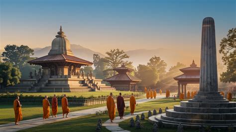 Artistieke impressie van de geboorteplaats van de Boeddha in Lumbini, met de Maya Devi-tempel en de Ashoka-pilaar