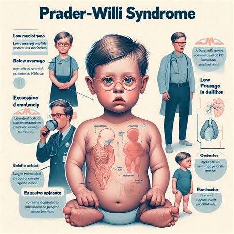 Infographic met de belangrijkste symptomen van Prader-Willi syndroom, onderverdeeld in categorieën zoals fysiek, cognitief en gedrag.