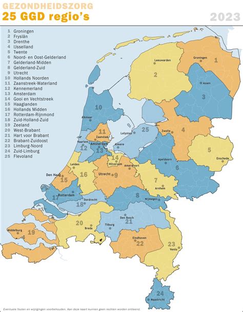 Kaart van Nederland met GGD-regio's en percentages van contact met medisch specialisten