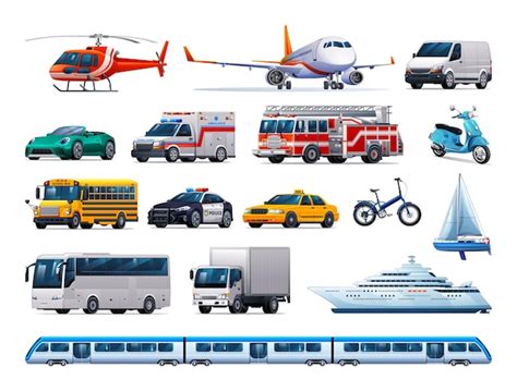 Illustratie van diverse voertuigen zoals auto's, fietsen, treinen en boten, passend bij het thema van kinderboeken over transport.