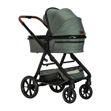 Illustratie van een kinderwagen met de rem ingedrukt en een tas in de mand