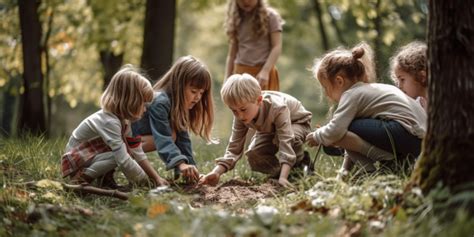 Kinderen die buiten spelen in een groene omgeving, met dieren en een modderkeuken.