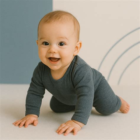 Een baby van ongeveer 8 maanden oud die met plezier een Fisher-Price bal vasthoudt en bekijkt, met de focus op de tactiele interactie en de ontwikkeling van fijne motoriek.