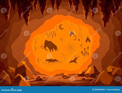 Illustratie van prehistorische grotschilderingen en fakkels