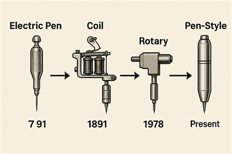 Schema van verschillende soorten tattoo machines: coil, rotary en pen-stijl.