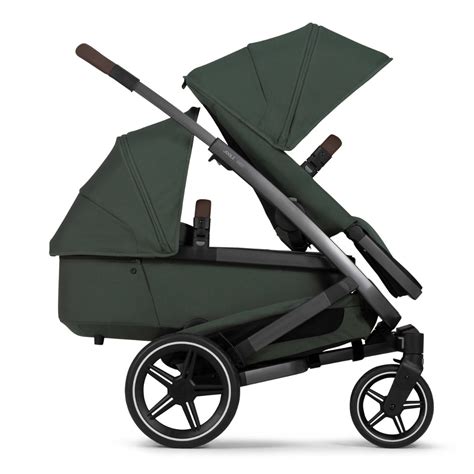 Schema dat de verschillende configuraties van de Joolz Geo kinderwagen toont: enkel, duo met wieg en stoel, en duo met twee stoelen.