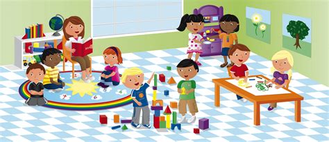 Illustratie van een peuterspeelzaal met spelende kinderen