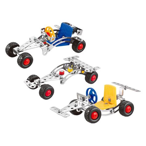 Voorbeeld van een metalen constructieset met schroeven, moertjes en diverse metalen onderdelen.