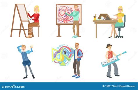 Collage van beelden die verschillende creatieve beroepen vertegenwoordigen (kunstenaar, uitvinder, filosoof, etc.).