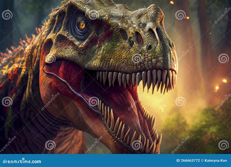 Een gedetailleerde illustratie van een Tyrannosaurus Rex, met nadruk op zijn tanden en klauwen.