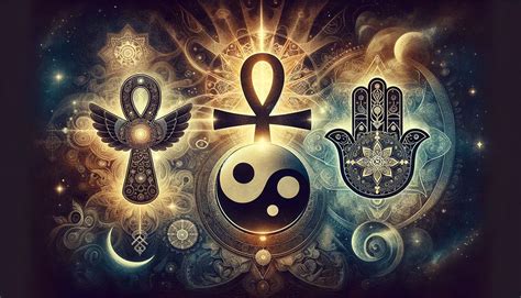 Montage van diverse spirituele symbolen zoals de Ankh, Lotus en Yin Yang