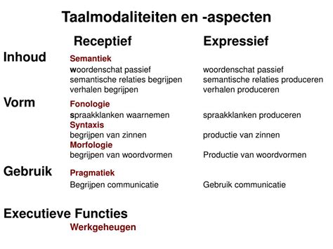 Infographic met de verschillende onderdelen van taal (semantiek, fonologie, syntaxis, pragmatiek)