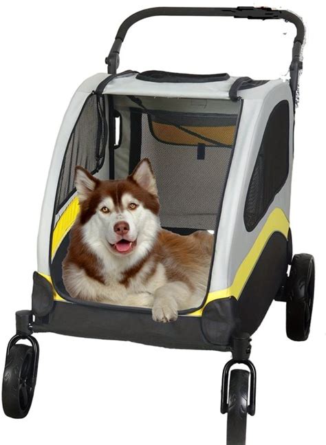 Illustratie van een hond in een hondenbuggy, die comfortabel rust.