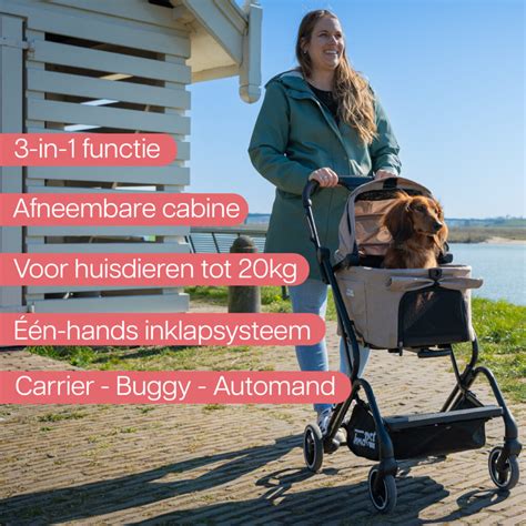 Schema met de diverse voordelen van een hondenbuggy, zoals mobiliteit, veiligheid en bescherming.