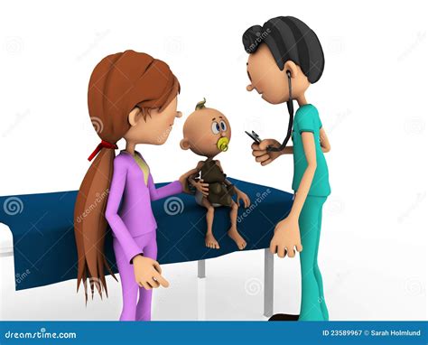 Illustratie van een baby die wordt onderzocht door een jeugdverpleegkundige.