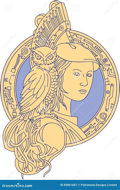 Gedetailleerde illustratie van de attributen van Athena: uil, slang en wapenrusting.