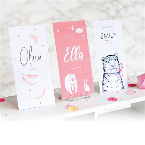 Collage van diverse stijlvolle geboortekaartjes met verschillende designs en personalisatiemogelijkheden.