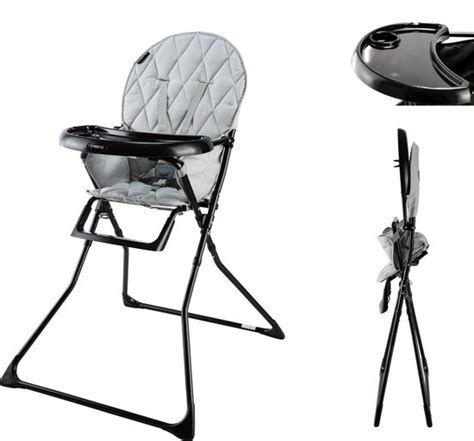 Afbeelding van een inklapbare Topmark kinderstoel, waarbij het compacte formaat na inklappen wordt getoond.