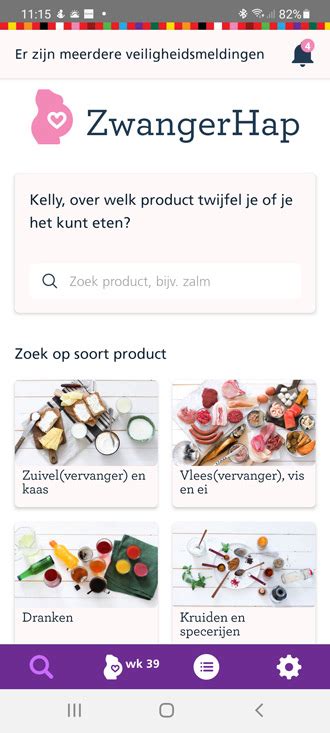 Screenshot van de ZwangerHap app, die de functionaliteit voor het opzoeken van voedingsmiddelen toont.